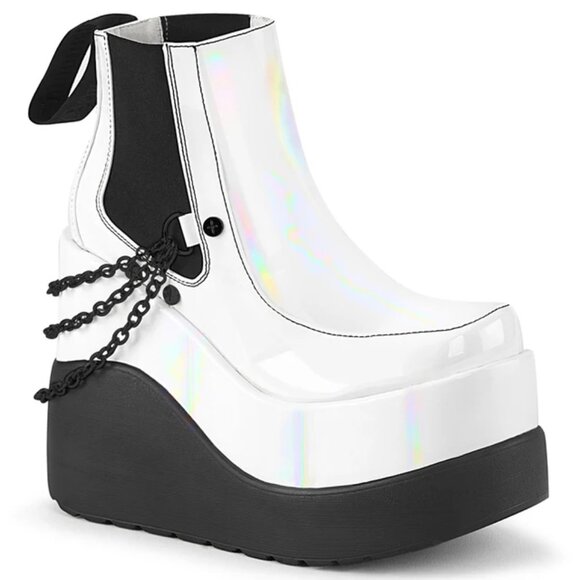 VOID 50 Demonia Wedge 5" Tiered Platform Ankle Boot White Holo NWT - Picture 1 of 4